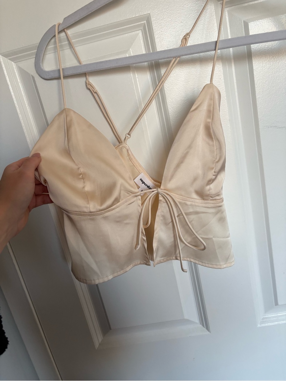 superdown Satin Tie-Front Bandeau Crop Top in Cream